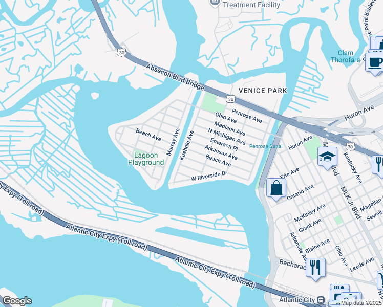 map of restaurants, bars, coffee shops, grocery stores, and more near 1612 North Missouri Avenue in Atlantic City
