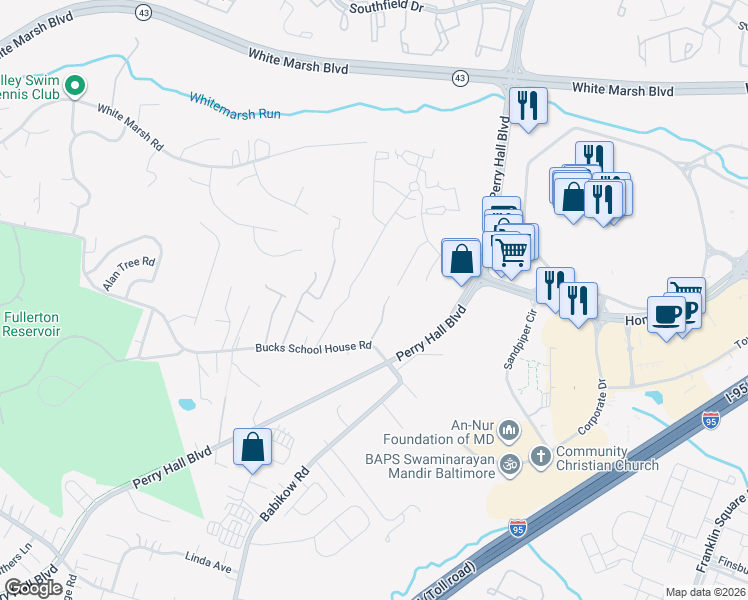map of restaurants, bars, coffee shops, grocery stores, and more near 5019 Silver Oak Drive in Baltimore