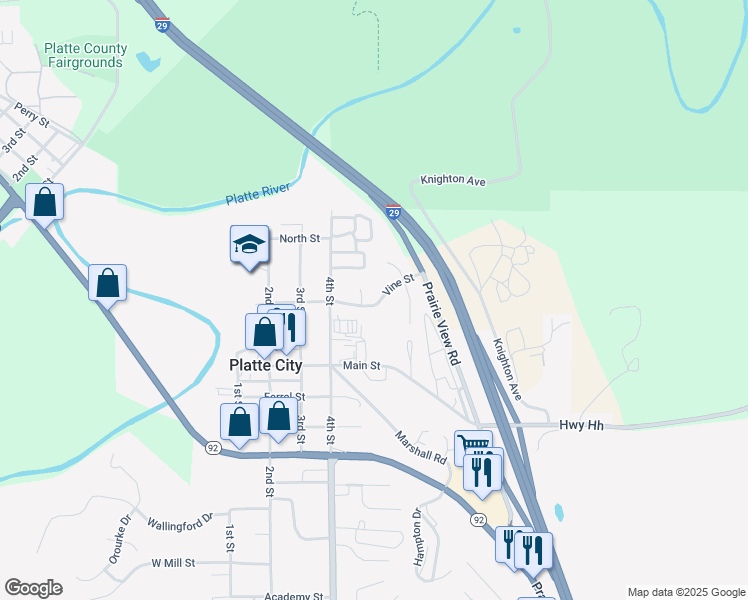 map of restaurants, bars, coffee shops, grocery stores, and more near 509 Vine Street in Platte City