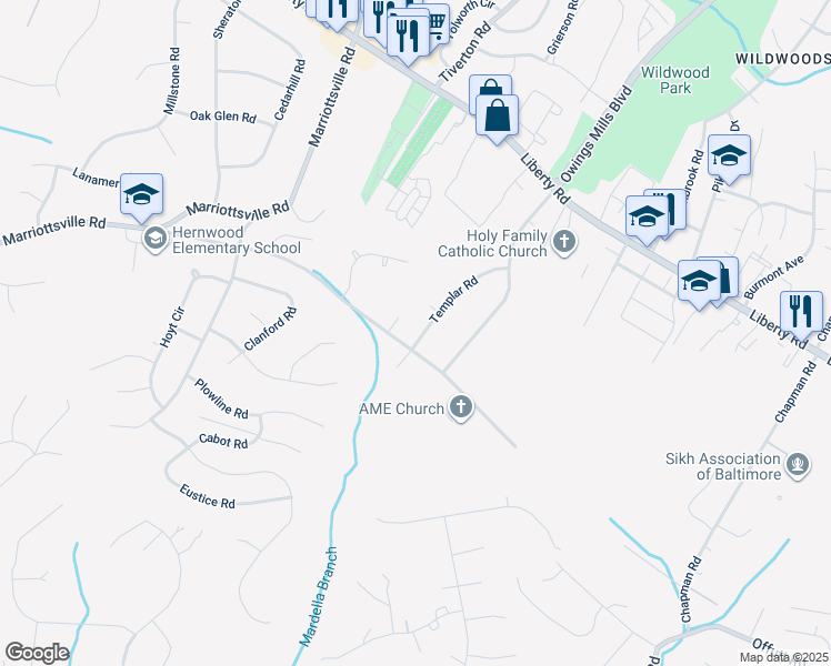 map of restaurants, bars, coffee shops, grocery stores, and more near 3602 Templar Road in Randallstown
