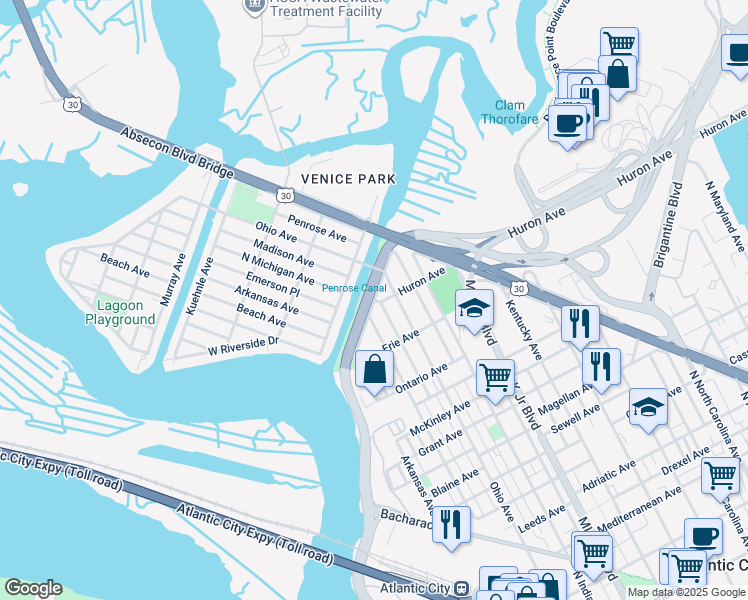 map of restaurants, bars, coffee shops, grocery stores, and more near Horace J Bryant Junior Drive in Atlantic City