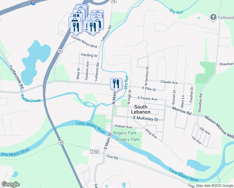 map of restaurants, bars, coffee shops, grocery stores, and more near 120 North Main Street in South Lebanon