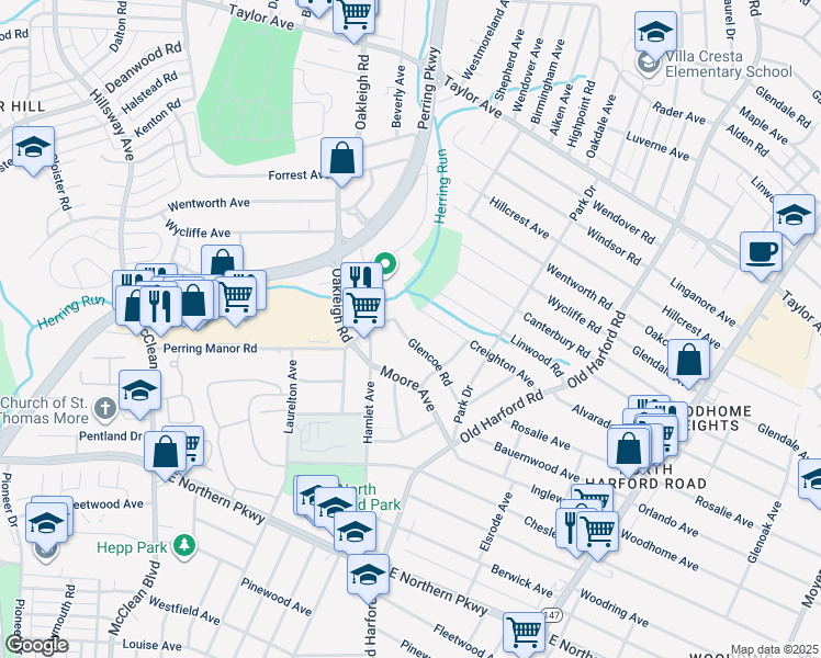 map of restaurants, bars, coffee shops, grocery stores, and more near 2504 Glencoe Road in Parkville