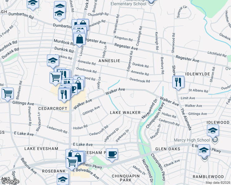 map of restaurants, bars, coffee shops, grocery stores, and more near 631 Walker Avenue in Baltimore