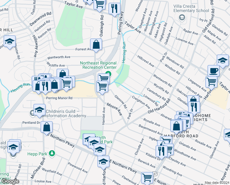 map of restaurants, bars, coffee shops, grocery stores, and more near 2504 Glencoe Road in Parkville
