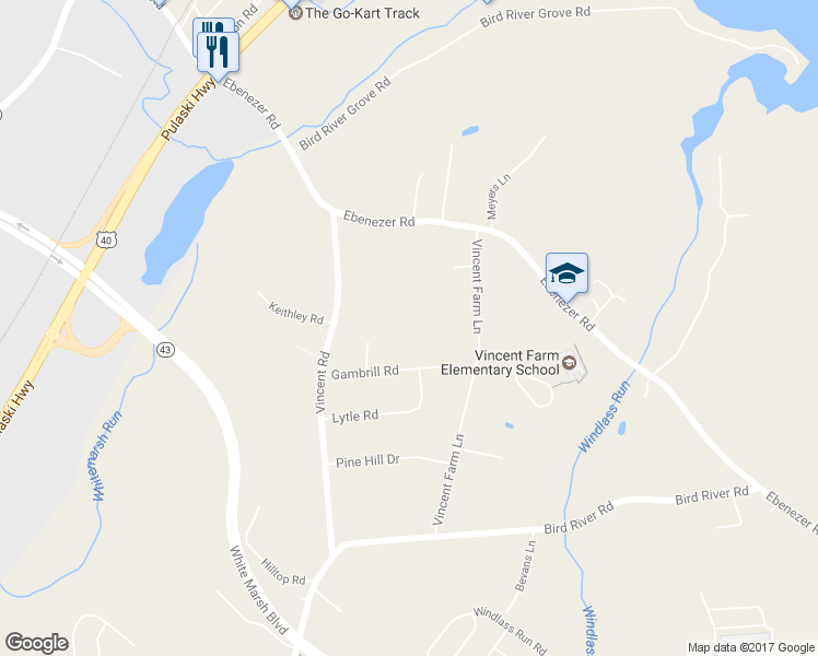 map of restaurants, bars, coffee shops, grocery stores, and more near 10507 Stahl Road in White Marsh