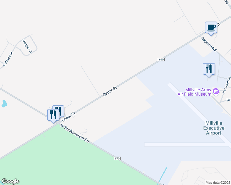 map of restaurants, bars, coffee shops, grocery stores, and more near 2449 Cedar Street in Millville