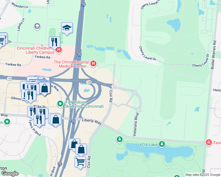 map of restaurants, bars, coffee shops, grocery stores, and more near Cox Road in Butler County