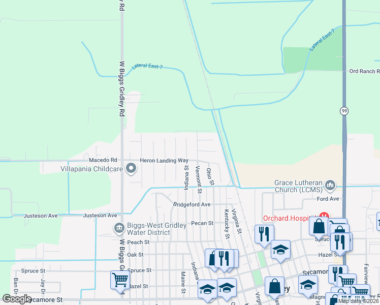map of restaurants, bars, coffee shops, grocery stores, and more near 1880 Indiana Street in Gridley