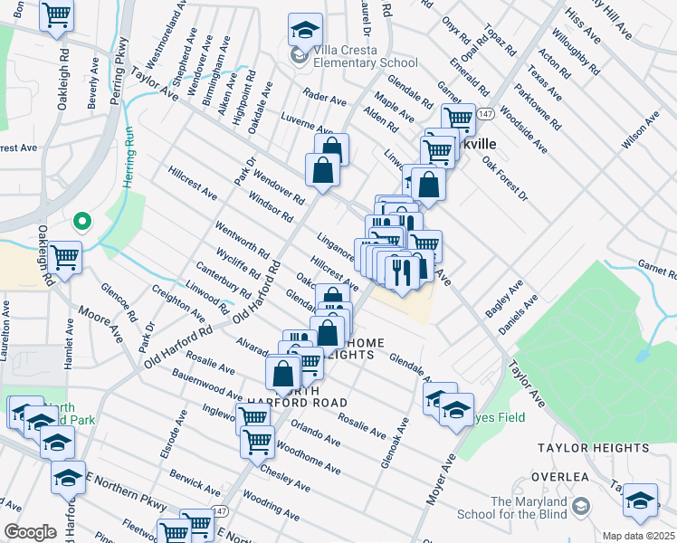 map of restaurants, bars, coffee shops, grocery stores, and more near 2908 Hillcrest Avenue in Parkville