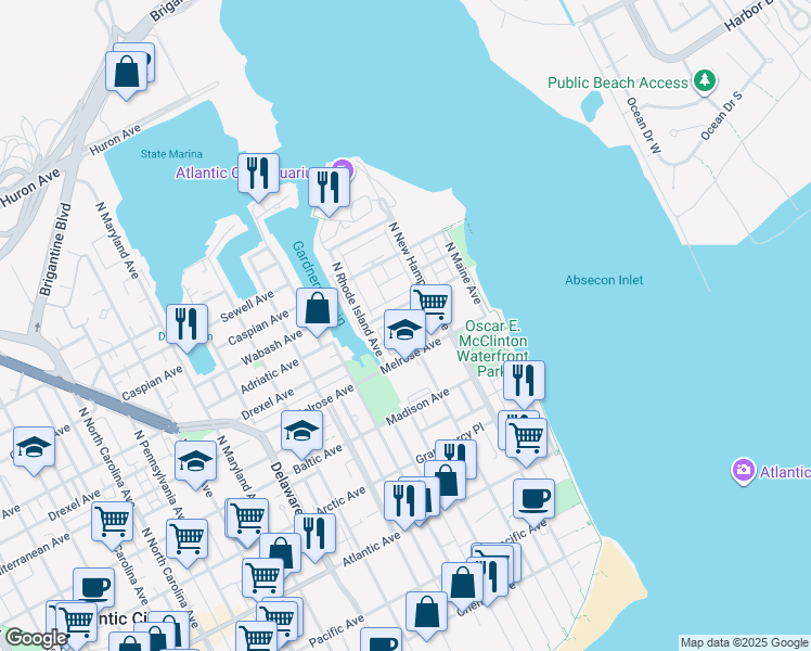 map of restaurants, bars, coffee shops, grocery stores, and more near 6 Windjammer Court in Atlantic City