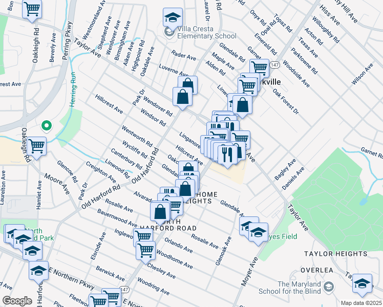 map of restaurants, bars, coffee shops, grocery stores, and more near 2908 Hillcrest Avenue in Parkville
