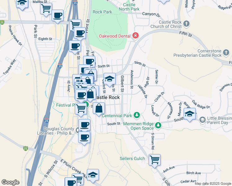 map of restaurants, bars, coffee shops, grocery stores, and more near 212 Lewis Street in Castle Rock