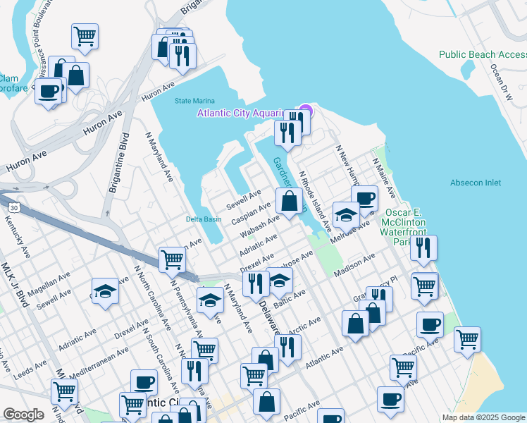 map of restaurants, bars, coffee shops, grocery stores, and more near 604 Wabash Avenue in Atlantic City