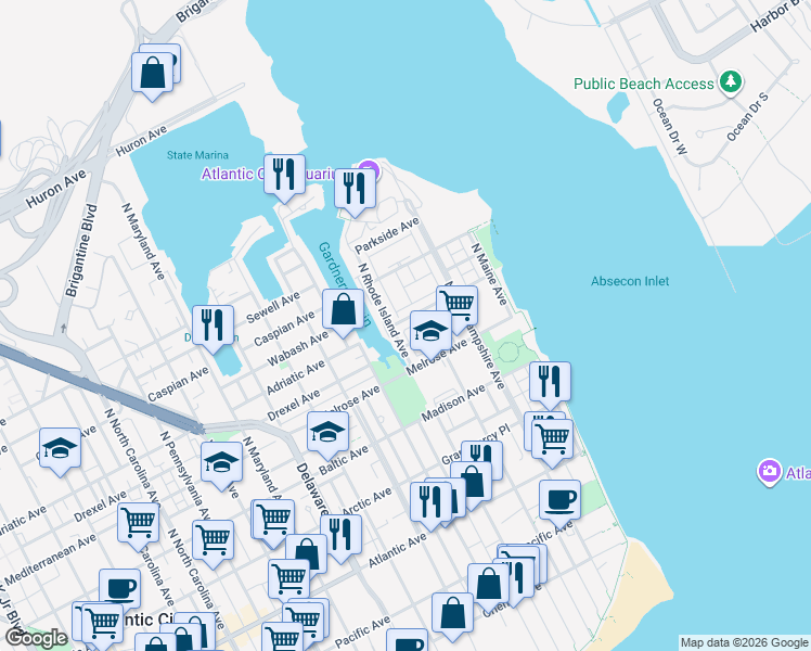 map of restaurants, bars, coffee shops, grocery stores, and more near 6 Windjammer Court in Atlantic City