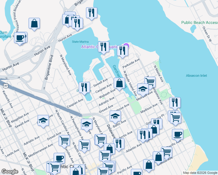 map of restaurants, bars, coffee shops, grocery stores, and more near 604 Wabash Avenue in Atlantic City
