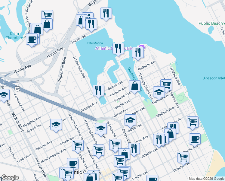 map of restaurants, bars, coffee shops, grocery stores, and more near 712 Caspian Avenue in Atlantic City