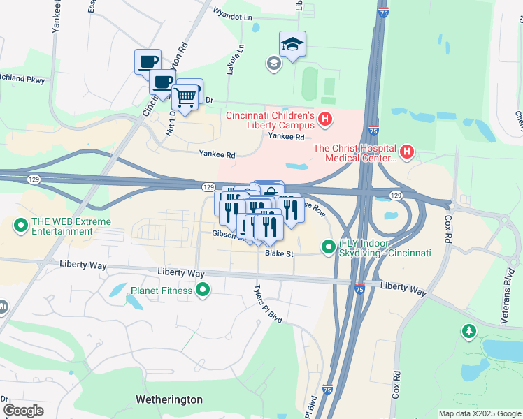 map of restaurants, bars, coffee shops, grocery stores, and more near 7600 Gibson Street in Butler County