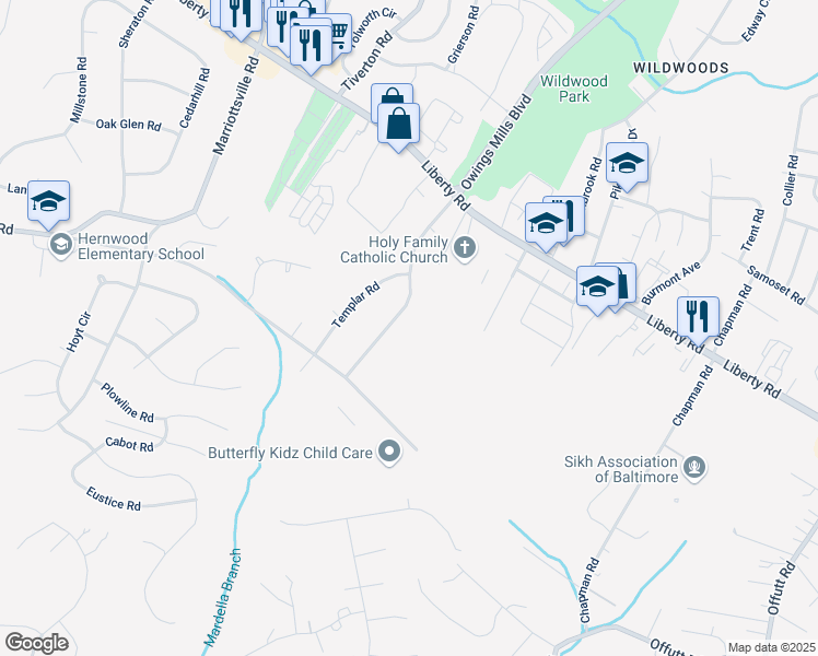 map of restaurants, bars, coffee shops, grocery stores, and more near 3672 Waterwheel Square in Randallstown