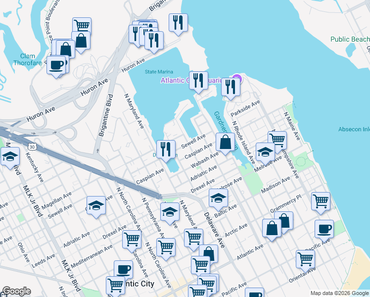map of restaurants, bars, coffee shops, grocery stores, and more near 621 Sewell Avenue in Atlantic City