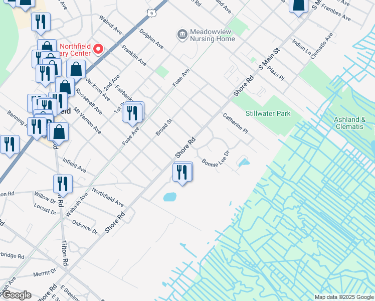 map of restaurants, bars, coffee shops, grocery stores, and more near 710 Shore Road in Northfield