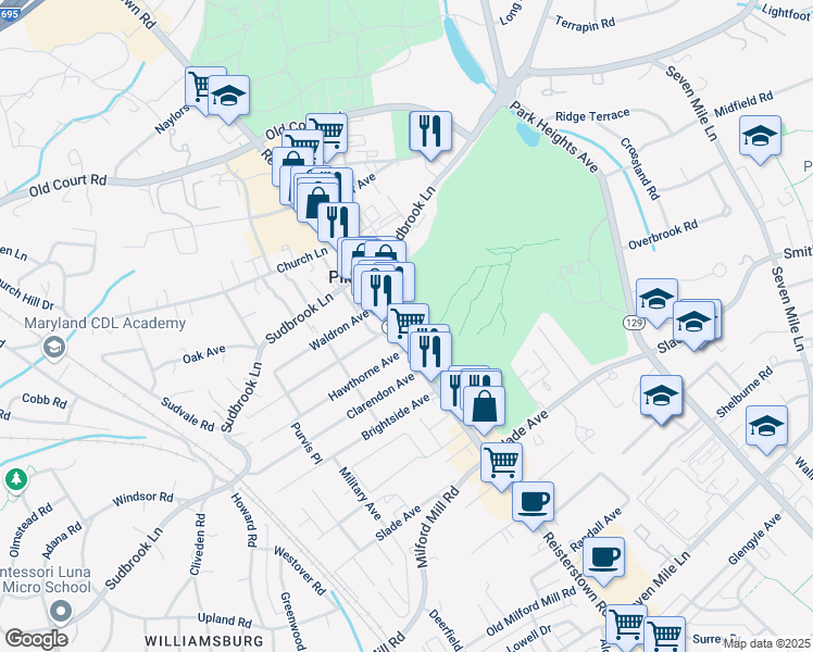 map of restaurants, bars, coffee shops, grocery stores, and more near 913 Reisterstown Road in Pikesville