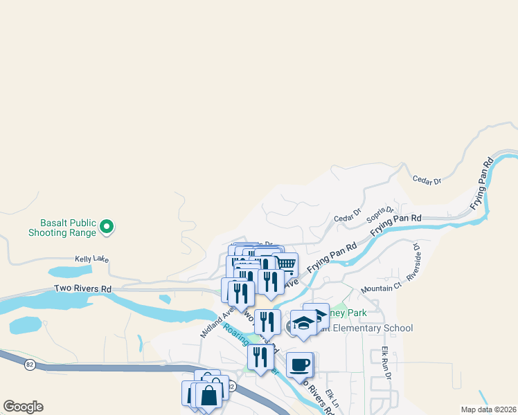 map of restaurants, bars, coffee shops, grocery stores, and more near 121 Ridge Road in Basalt