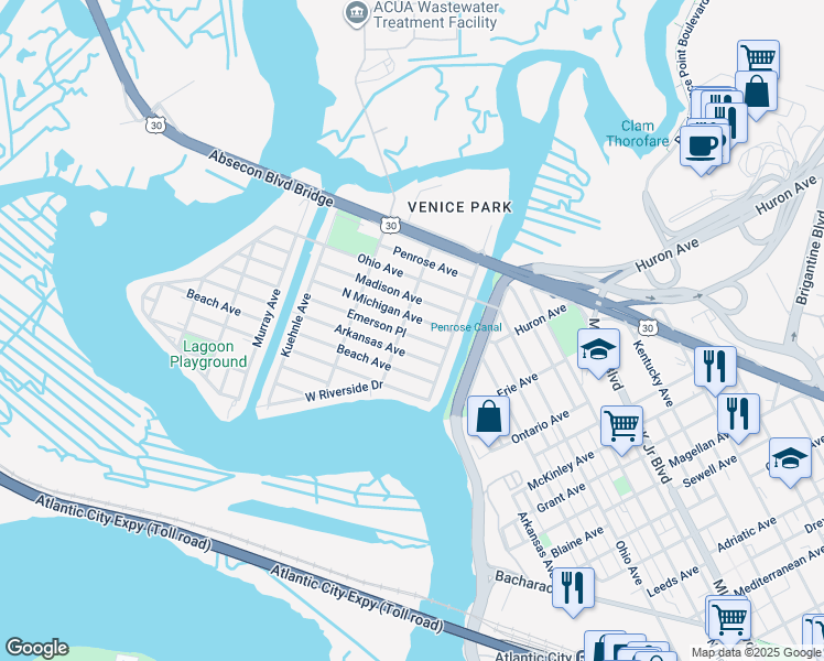 map of restaurants, bars, coffee shops, grocery stores, and more near 1424 Madison Avenue in Atlantic City