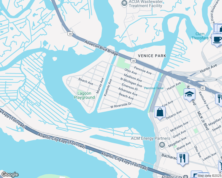 map of restaurants, bars, coffee shops, grocery stores, and more near 2020 Kuehnle Avenue in Atlantic City