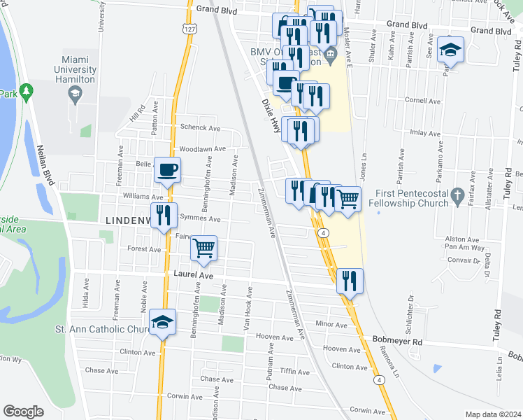 map of restaurants, bars, coffee shops, grocery stores, and more near 2269 Zimmerman Avenue in Hamilton