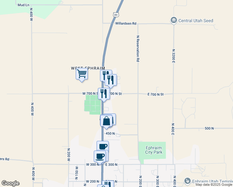 map of restaurants, bars, coffee shops, grocery stores, and more near 197 East 700 North Street in Ephraim