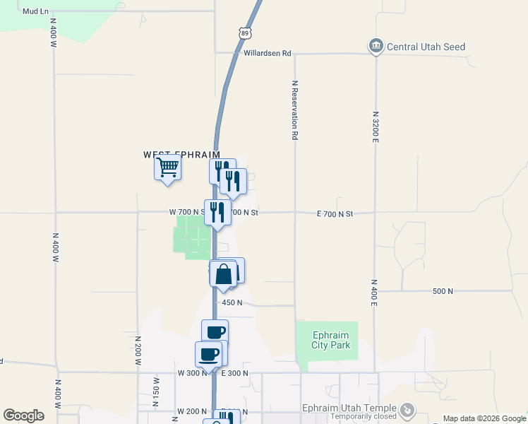 map of restaurants, bars, coffee shops, grocery stores, and more near 185 East 700 North Street in Ephraim