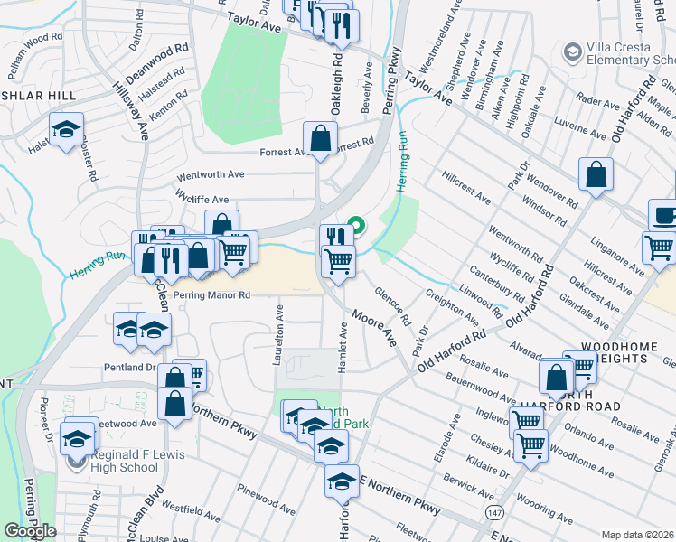 map of restaurants, bars, coffee shops, grocery stores, and more near 7118 Darlington Drive in Parkville
