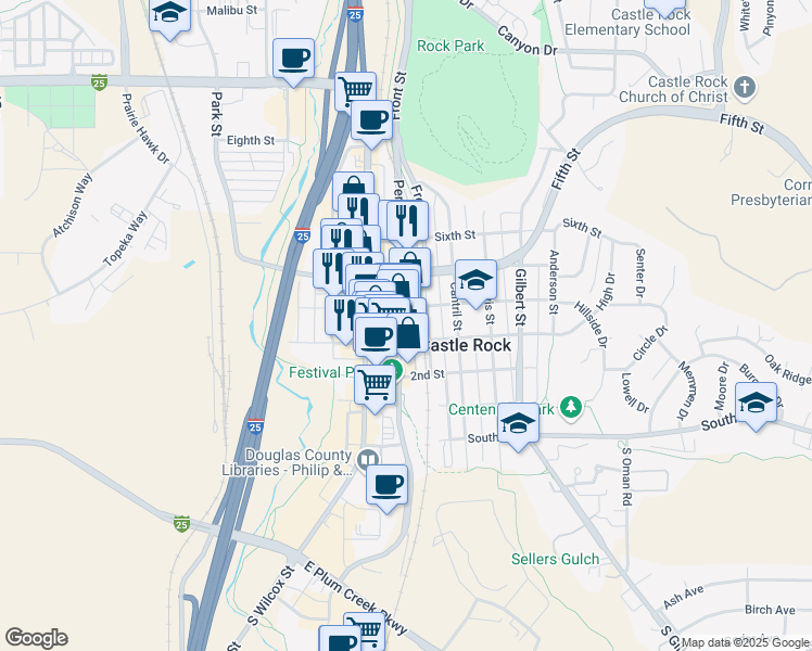 map of restaurants, bars, coffee shops, grocery stores, and more near 403 Perry Street in Castle Rock