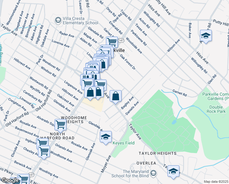map of restaurants, bars, coffee shops, grocery stores, and more near 3034 Lavender Avenue in Parkville