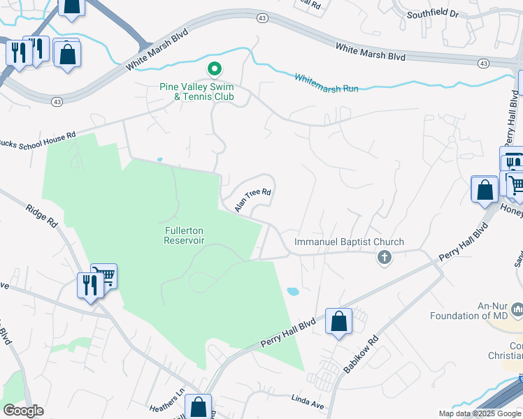 map of restaurants, bars, coffee shops, grocery stores, and more near 8109 Jacobs Field Road in Rosedale