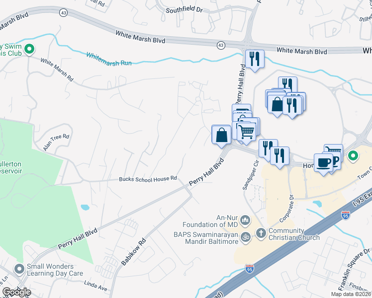 map of restaurants, bars, coffee shops, grocery stores, and more near 5030 Silver Oak Drive in Baltimore