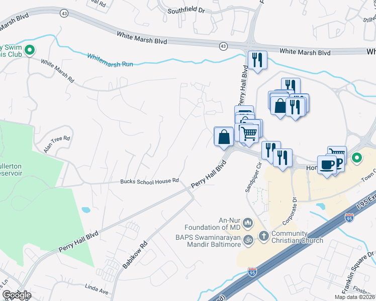 map of restaurants, bars, coffee shops, grocery stores, and more near 5030 Silver Oak Drive in Baltimore