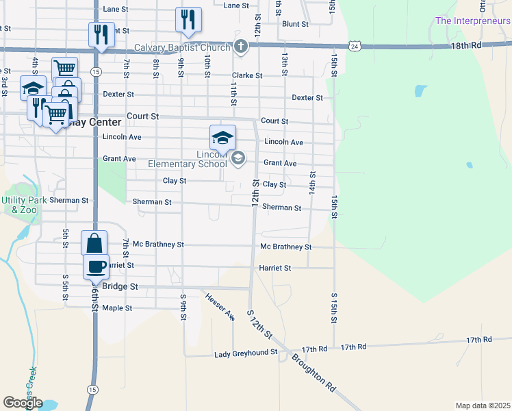 map of restaurants, bars, coffee shops, grocery stores, and more near 1200 Sherman Street in Clay Center