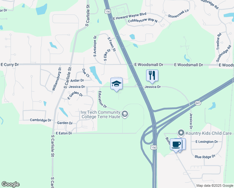 map of restaurants, bars, coffee shops, grocery stores, and more near 1655 East Jessica Drive in Terre Haute