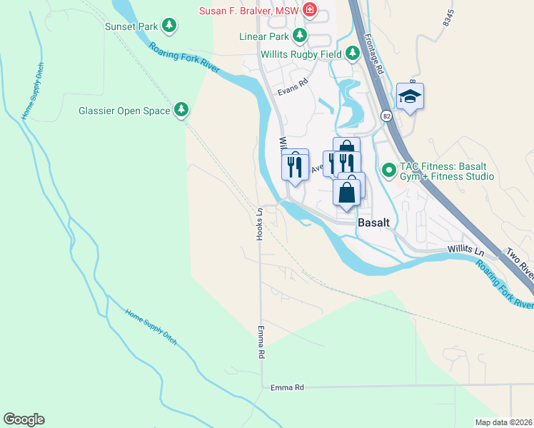 map of restaurants, bars, coffee shops, grocery stores, and more near 95 Hooks Ln in Basalt