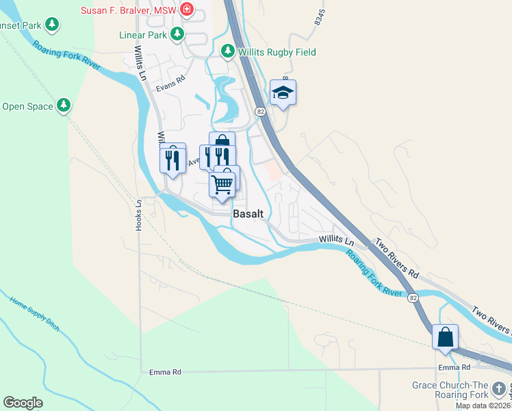 map of restaurants, bars, coffee shops, grocery stores, and more near 323 Park Avenue in Basalt