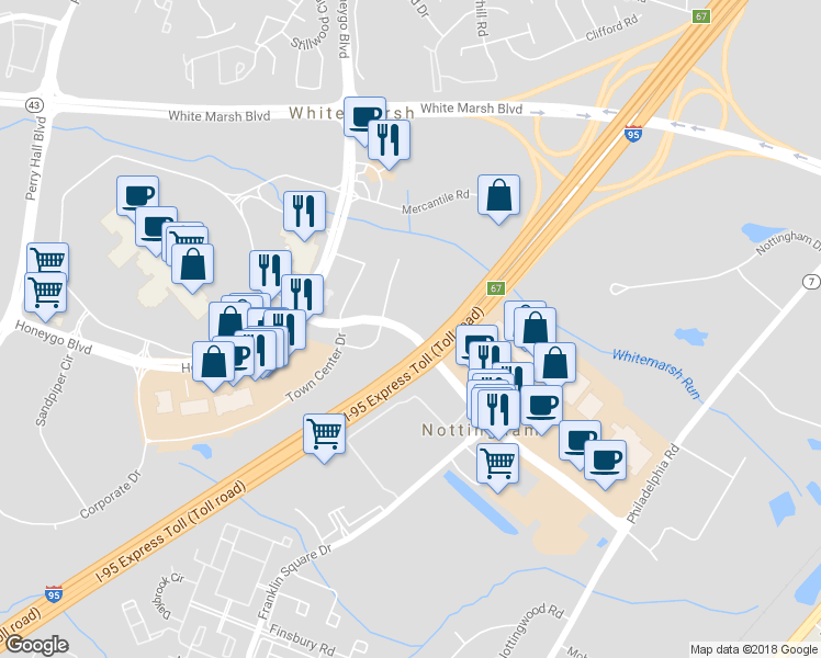map of restaurants, bars, coffee shops, grocery stores, and more near 5020 Campbell Boulevard in Nottingham