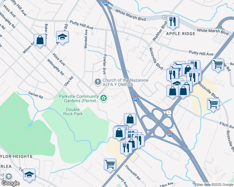 map of restaurants, bars, coffee shops, grocery stores, and more near 3640 Rockberry Road in Parkville