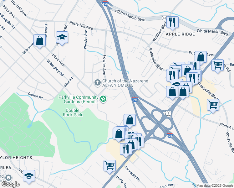 map of restaurants, bars, coffee shops, grocery stores, and more near 3640 Rockberry Road in Parkville