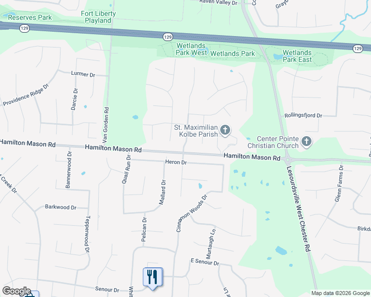 map of restaurants, bars, coffee shops, grocery stores, and more near 7166 Tarragon Court in Butler County