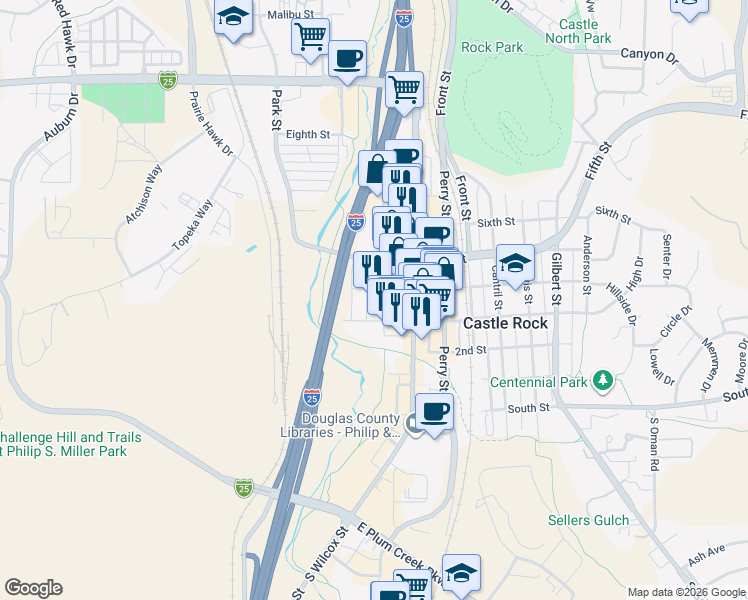map of restaurants, bars, coffee shops, grocery stores, and more near 109 Fourth Street in Castle Rock