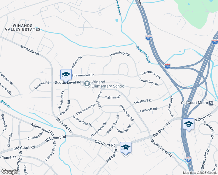 map of restaurants, bars, coffee shops, grocery stores, and more near 8232 Scotts Level Road in Pikesville