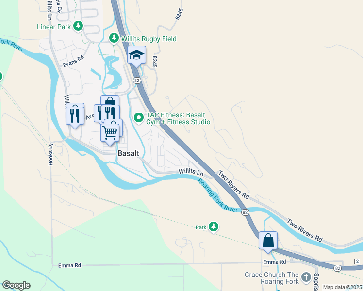 map of restaurants, bars, coffee shops, grocery stores, and more near 20744 Colorado 82 in Basalt