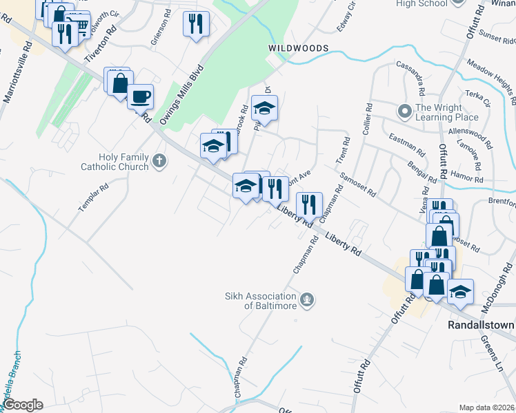 map of restaurants, bars, coffee shops, grocery stores, and more near 9405 Liberty Road in Randallstown